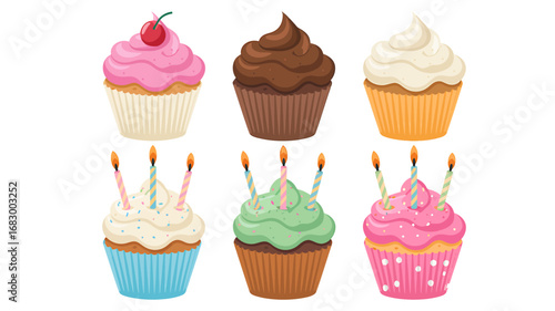 Set of six decorative cupcakes arranged for advertising