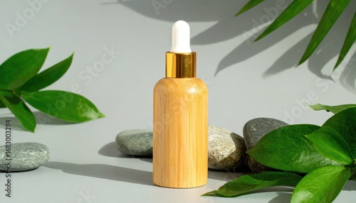 Organic essence bottle against a light gray surface, accented with green leaves and smooth gray stones. Shadow play provides a tranquil, natural scene
