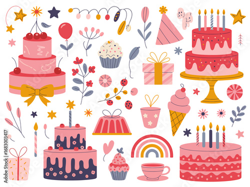 Whimsical birthday party celebration illustration with festive elements