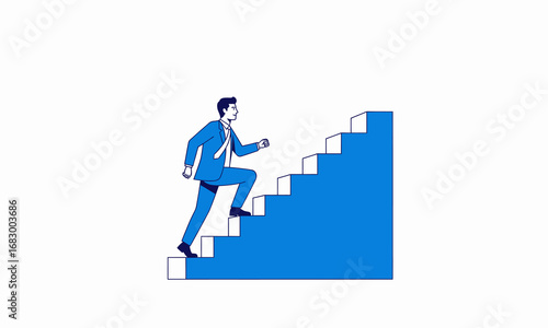 Ambitious Businessman Ascending Blue Staircase, Illustrative Style.