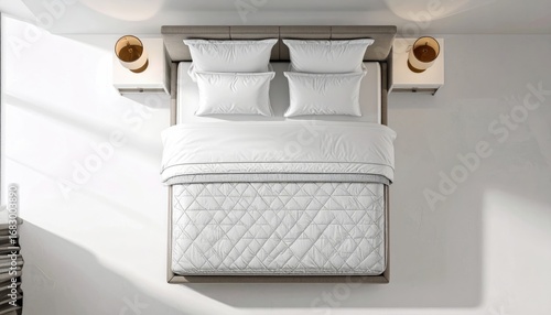 Top-down shot of a bed made with white sheets and pillows, next to two nightstands with lamps, in a bright room with white walls and a cozy feel