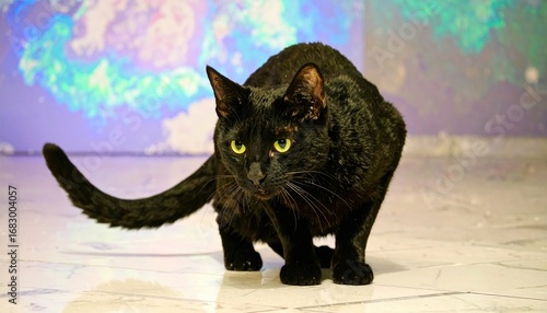 Glossy, black cat with yellow eyes, crouches, poised on shiny marble surface against an abstract swirling blue and purple backdrop
