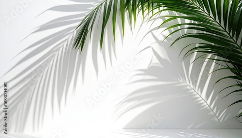 Green palm fronds cast delicate shadows on a bright white wall, creating a minimalist, tropical, and refreshing aesthetic