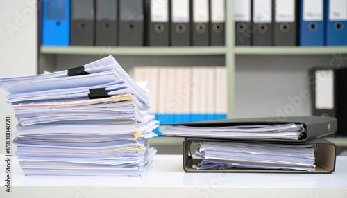 An office scene featuring a messy stack of papers with black clips on a white desk, with binders visible in the background