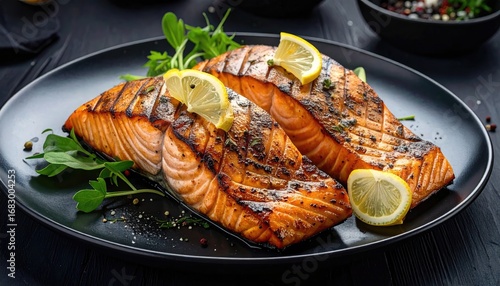 Two grilled salmon fillets on a black plate with fresh greens and lemon slices on a dark wooden surface, highlighting the deliciousness of a healthy dish