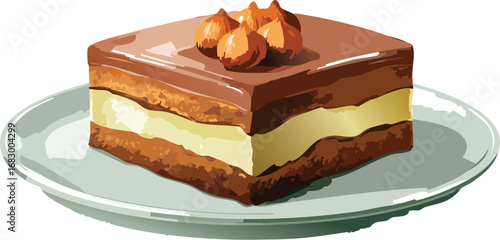 Elegant dessert illustration with hazelnuts, ideal for teaching food design and emotional depth.
