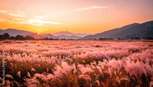 Golden hour bathes a vast field of pink-tinged pampas grass, backdropped by distant mountains under a clear, vibrant sky