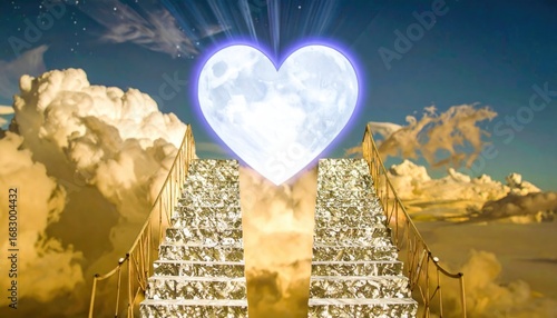 A radiant, celestial heart glows atop a golden staircase ascending into a cloudy sky, illuminated by beams of light. Symbolism and wonder