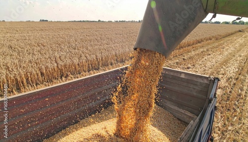 Golden grains pour into a truck bed from a harvester, the field stretching in the background. Sunlight highlights the harvest scene