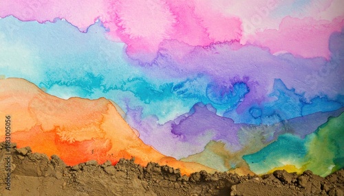 Watercolor washes create a vibrant, colorful abstract landscape with earth material forming a textured horizon line