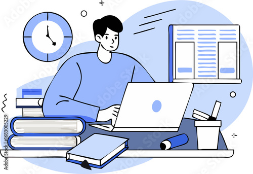 Student Studying Online with Laptop and Books Illustration – Remote Learning Concept