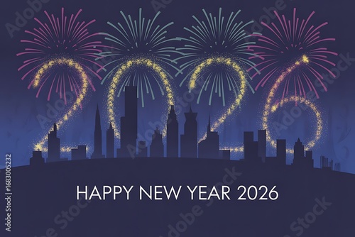 Celebrate the arrival of 2026 with dazzling fireworks illuminating a modern city skyline, ushering in a new year of possibilities and excitement.