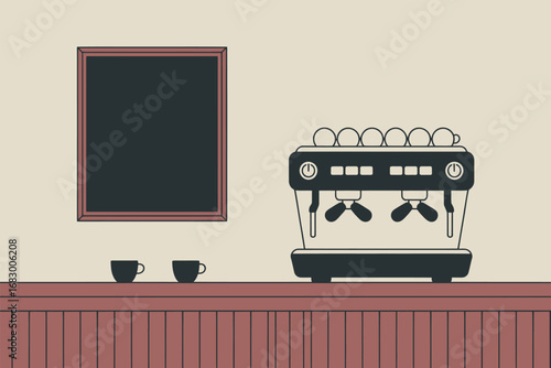 A stylized illustration of a coffee shop with an espresso machine and a blank chalkboard on the wall