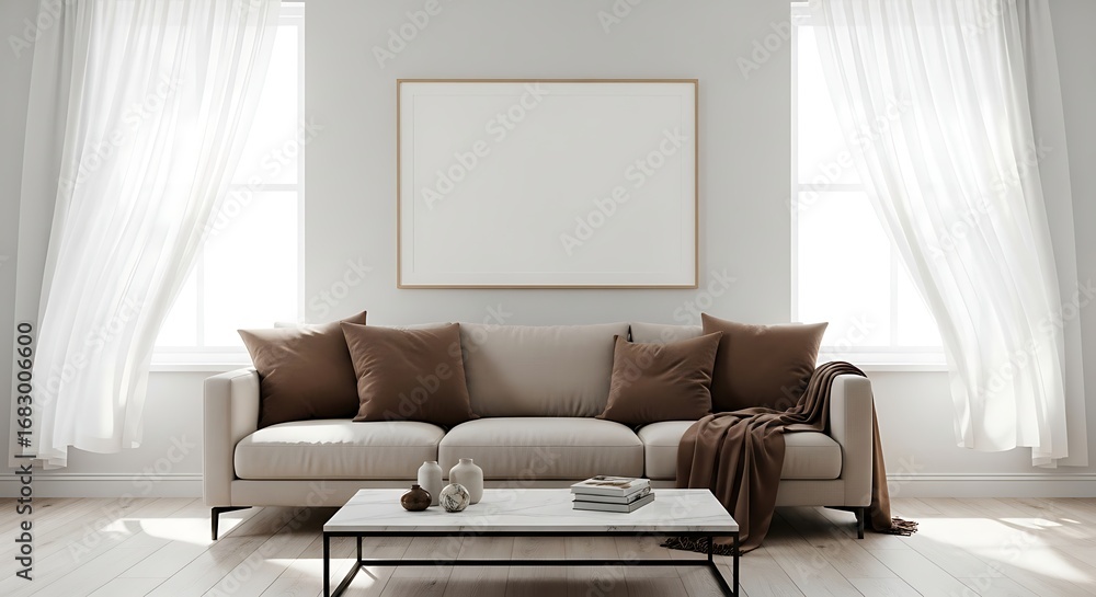 Fototapeta premium Modern living room with neutral sofa and cozy throws