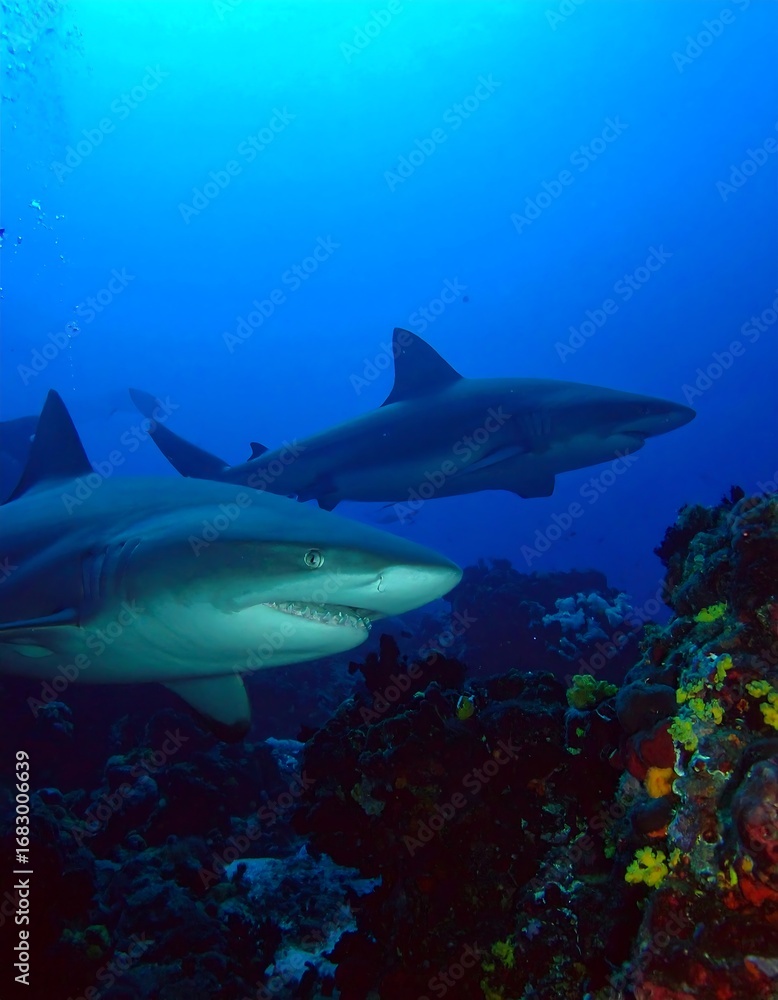 Fototapeta premium Two sharks near coral reef underwater