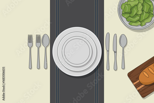 An overhead view of a dinner table setting with plates cutlery bread and a bowl of green vegetables