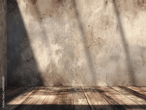 Empty room with rustic concrete walls and wooden floor, showcasing sunlight patterns and shadows.  A muted, neutral space, perfect for product photography or mockups.