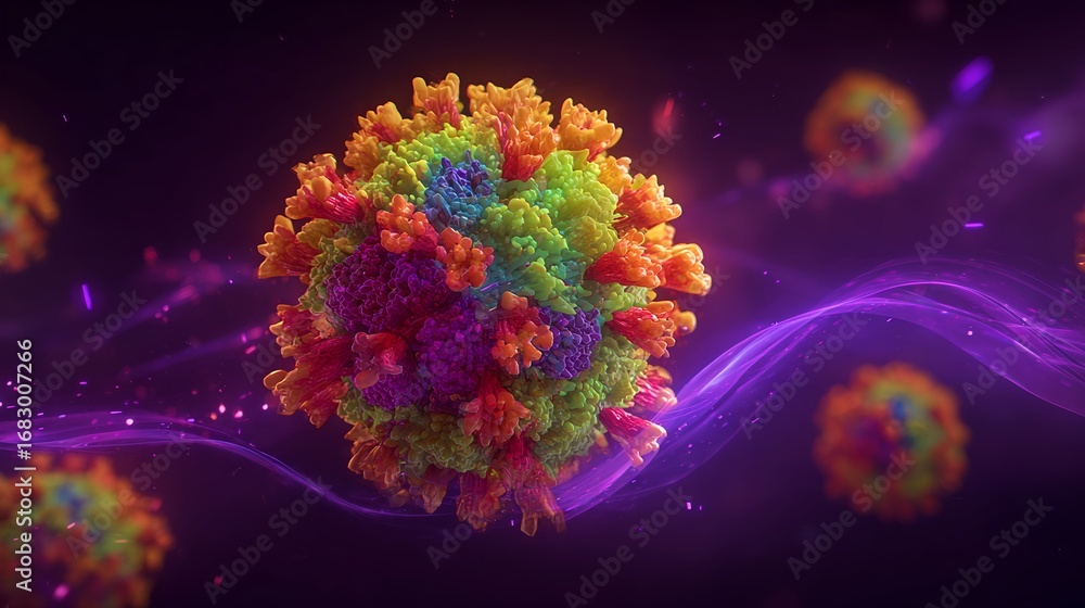 Fototapeta premium Colorful 3D illustration of a virus structure with intricate details and vibrant hues, surrounded by abstract waves, representing the complexity of microscopic organisms and their interactions