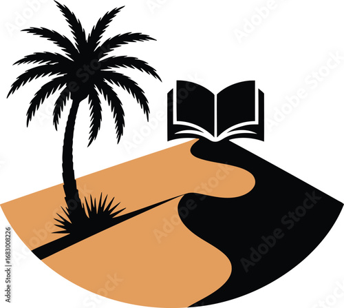 Desert Oasis Illustration with Palm Tree and Book Depicting Knowledge and Tranquility