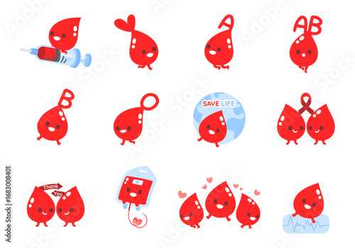 cute blood drop cartoon illustration vector set