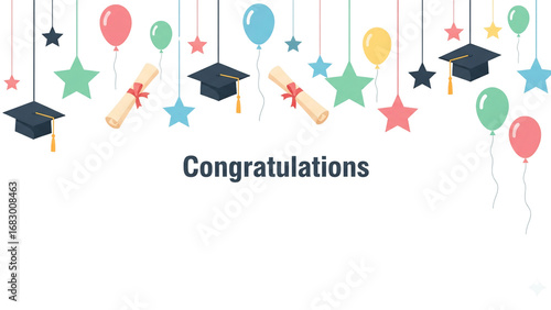 Congratulations – Graduation Celebration with Hanging Caps, Diplomas, and Balloons