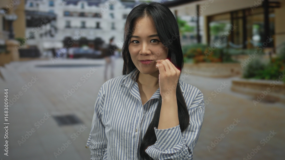 Fototapeta premium Young chinese woman making silence gesture on urban street setting wearing striped shirt outdoors day.