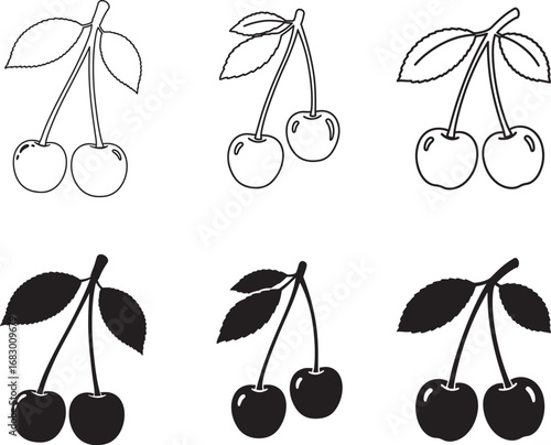 Stylized cherry illustrations showcasing outline and silhouette variations