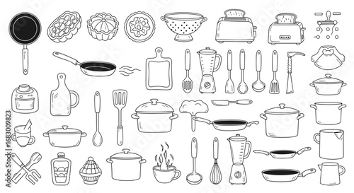 Charming hand-drawn kitchenware doodles capturing culinary creativity and homemade joy