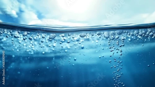 Underwater View of Water Surface with Bubbles Rising – Blue Aesthetic and Natural Fluid Dynamics