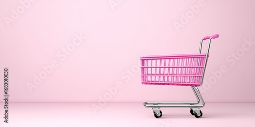 A bright pink shopping cart rests on a light pink surface against a pale pink background