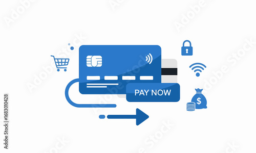 Blue Credit Card with Pay Now Button and Contactless Payment Symbol.