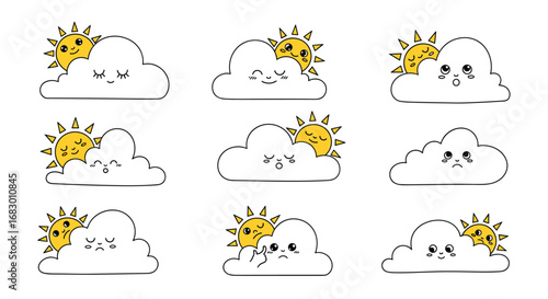 Cute cartoon sun and clouds expressing various emotions, perfect for children's content