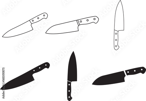 Collection of hand drawn kitchen knives in various styles and orientations