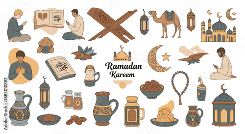 Celebrate Ramadan with prayer, dates, camel, mosque, and crescent moon symbols.
