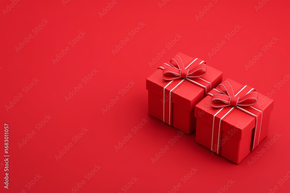 Obraz premium Two red gift boxes with white ribbon bows sit against a solid red background