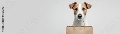 Adorable Jack Russell Terrier holding a brown paper shopping bag in its mouth