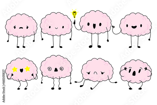 Sad tired burnout depression brain cartoon character set. Brain with low charge, depression, burnout, lack energy and power with high energy. Stock vector illustration isolated on white background.