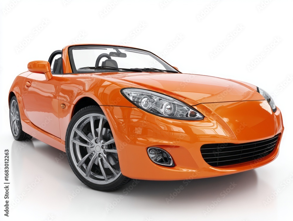Naklejka premium A vibrant orange convertible sports vehicle, highlighted against a bright white background, displays sleek lines and stylish design features.