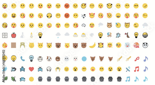Vibrant collection of diverse emojis, icons, and simple illustrations capturing a wide range of emotions, objects, and concepts for creative projects