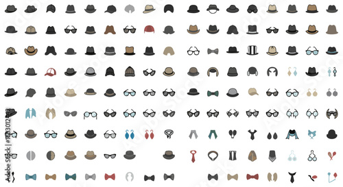 Vibrant collection of stylish hats eyeglasses bowties and apparel icons perfect for fashion design and modern branding projects