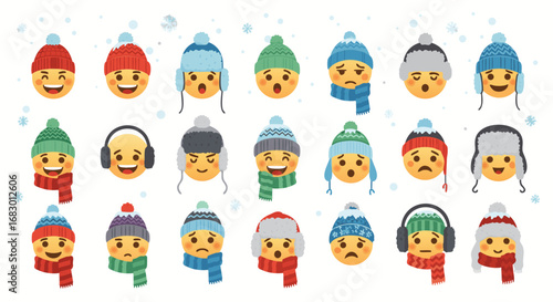 Adorable winter emoji collection showcasing diverse happy and sad expressions bundled in cozy hats and scarves for festive seasonal fun