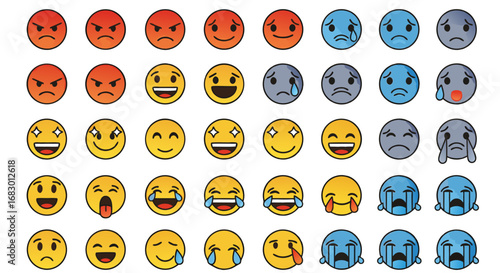 Expressive emoji collection showcasing a spectrum of emotions from joy and laughter to sadness and anger for modern communication needs