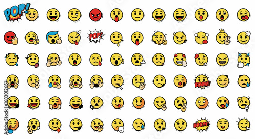 Vibrant collection of expressive emoji faces capturing a wide range of emotions and reactions, perfect for digital communication and creative projects