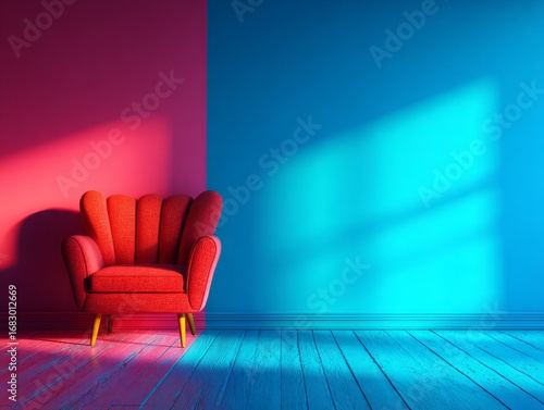 A vibrant red armchair sits in a room with vibrant pink and turquoise walls, casting sunlit shadows on the light blue wooden floor.