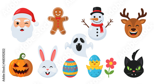 Charming collection of festive holiday characters including Santa, reindeer, snowman, Easter bunny, Halloween pumpkin, chick, and more, perfect for seasonal designs
