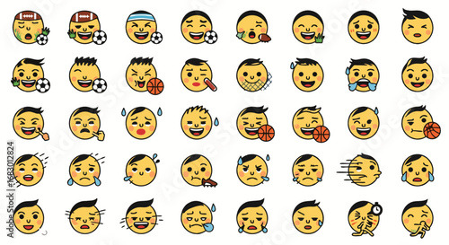 Vibrant collection of diverse emoji faces expressing joy, effort, and sports enthusiasm with soccer and basketball elements for dynamic digital content