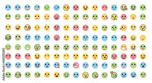 Vibrant collection of diverse emoji faces expressing a wide range of emotions and reactions, perfect for digital communication and creative projects.