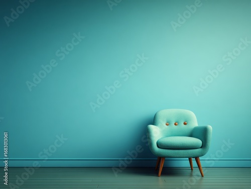 A teal-colored armchair sits in a simple room with a teal wall and wooden floor, creating a serene and minimalist interior design.