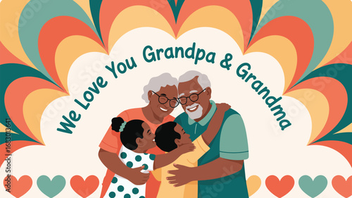 Illustration of grandparents hugging grandchildren with retro heart and text background design