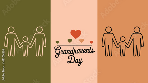 Grandparents day illustration with family icons and hearts on a three tone background design layout